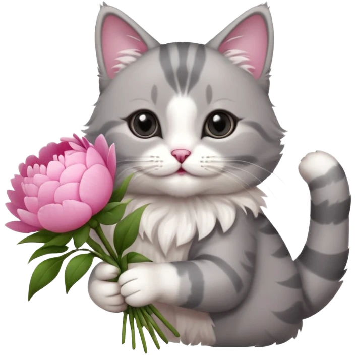Cute cat Handing pink peonies like reaching a hand and handing them out a bouquet of them not a physical hand the cats hand  make the cat fluffy and grey and white fluffier emoji