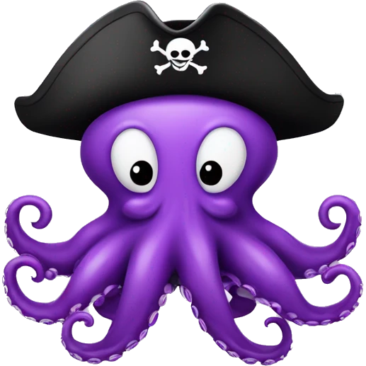A purple octopus wearing a pirate hat, has a mustache, headshot only, is smiling emoji