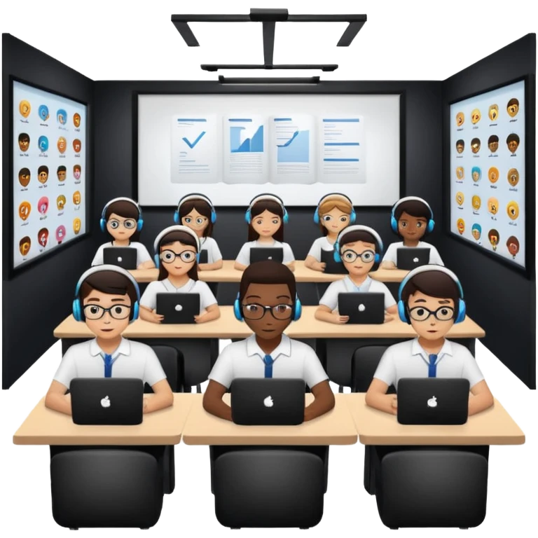 Birdseye view of large study space with students working separately add students wearing Vision Pro headsetd emoji