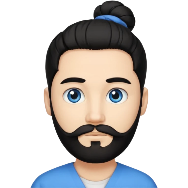 Man with a beard, blue eyes, and black hair tied in a bun emoji