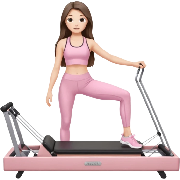 pretty white brunette teen long hair with hazel eyes and a small waist in light pink workout clothes on a pilates reformer emoji