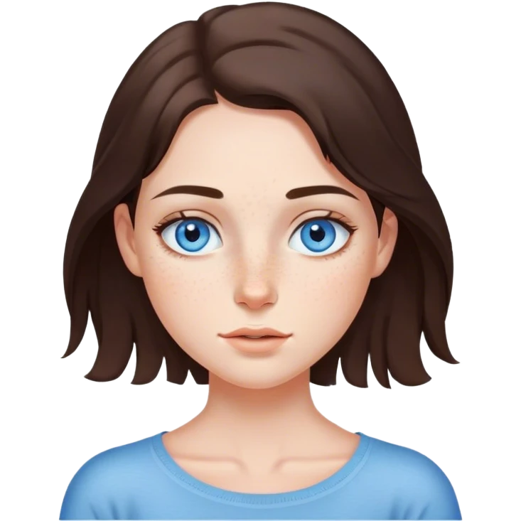 Brunette girl with blue eyes and shoulder lenght hair freckles on nose and under eyes emoji