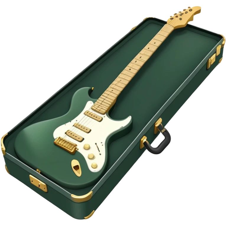 minimalist electric guitar in dark green, closed inside a black rectangular hard case with gold latches, soft matte textures, simplified details, alternate angle emoji