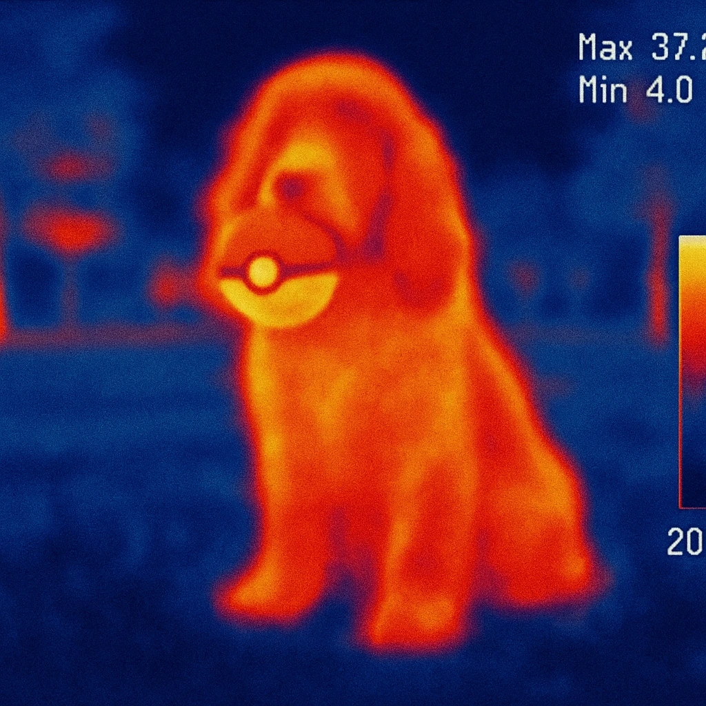 Russian Cocker Spaniel sitting with a Poké Ball in its mouth with a park background emoji
