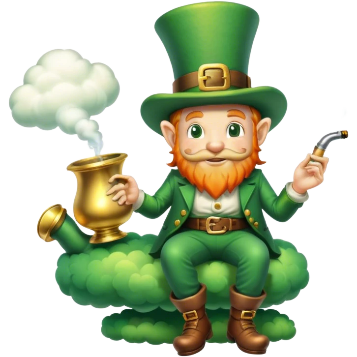 “BOL SANSLAR SVJ BARIS” A leprechaun floating on a cloud, smoking a pipe, dreamy, with raised typography and a leprechaun next to him.A classic slot machine with a metallic body, 

 emoji
