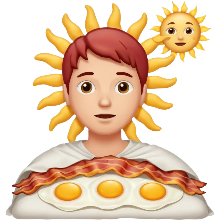 A sun made out of eggs and bacon in the background of someone waking up  emoji