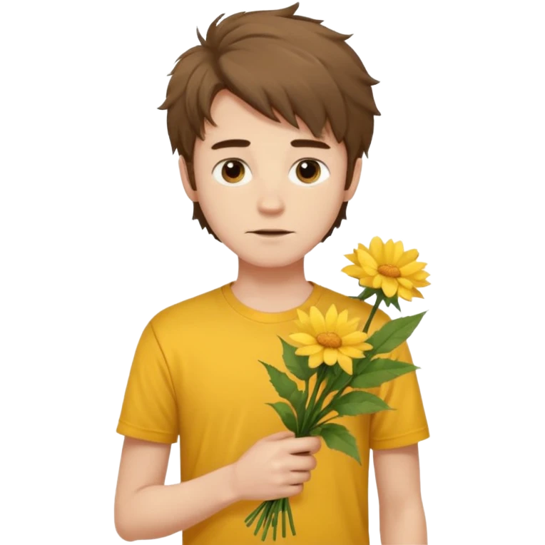 generate an ios genmoji of a 20 year old fair boy with brown long and messy hair with stubble on cheeks. should look like he cant grow a mustache., carrying a flower bouquet, wearing a yellow tshirt, looking shy emoji