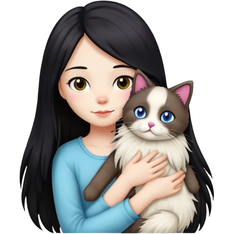 Girl with straight black long hair hugging a colorpoint ragdoll plush toy and a tricolor long-haired cat emoji