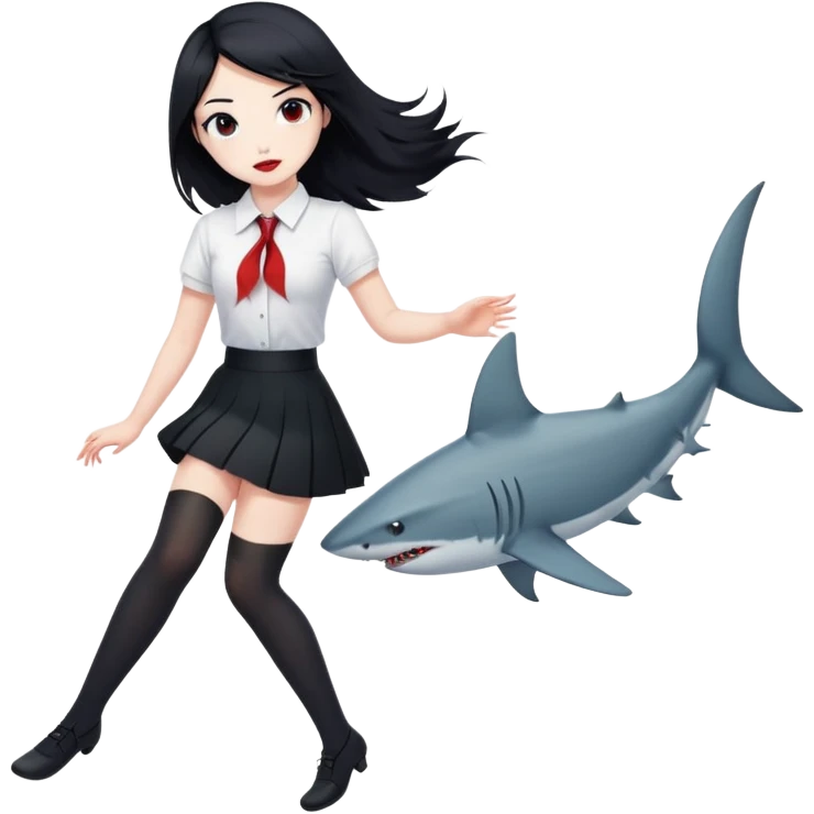 A girl in a white shirt, a black skirt and stockings with black hair, but there are glimpses of red on some areas of hair and also with a shark tail emoji