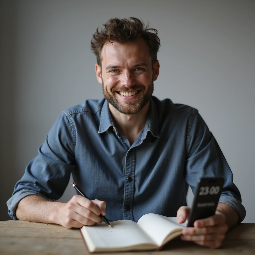 hyperrealistic 4K image of a man marking in a journal the completion of a 23-hour fast, smartphone with timer '23:00', satisfied and relaxed expression, minimalist environment emoji