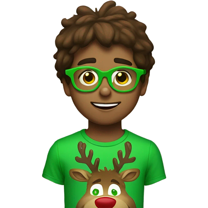 brown haired boy wearing reindeer glasses and grinch t-shirt emoji