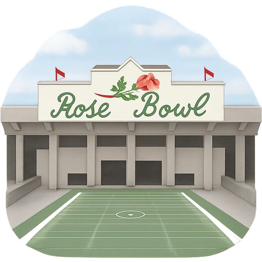 Remove all yellow tint from the Rose Bowl Stadium emoji. Make the colors neutral and true-to-life, with realistic whites and grays for the architecture, accurate greens for the field, and natural sky tones. Do not change the composition, style, or any other details—only correct the color. Keep the iconic sign, lifelike detail, and regal lighting, with a transparent background. emoji