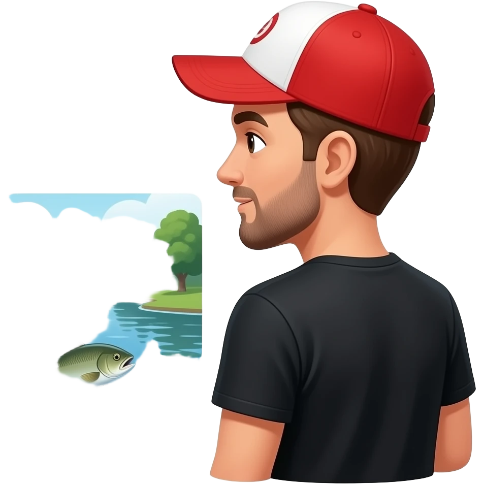 a guy with  a red and white hat on with a black shirt looking into the river at a long fish he lost swimming away emoji
