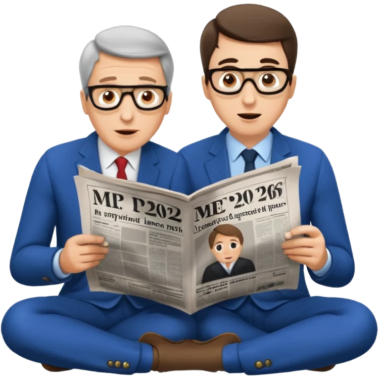 Gérard Larchet et yael braun pivet qui sont assis à genoux et qui lisent un seul et même grand journal et qui semblent émerveillés sur le journal on peut voir marque MEP 2026 au,milieu d’un article  emoji
