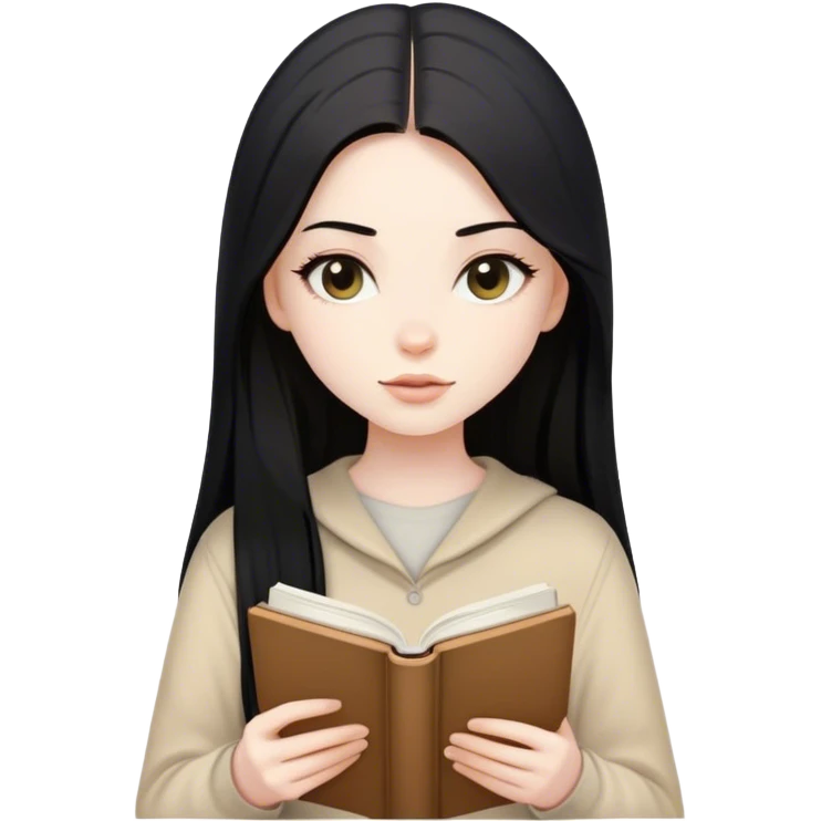 beautiful girl, pale skin, black long straight hair, with beige clothes, reading a beige book  emoji