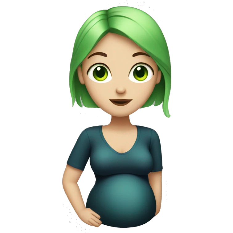 Pregnant white women with black hair and green eyes doing a peace sign  emoji