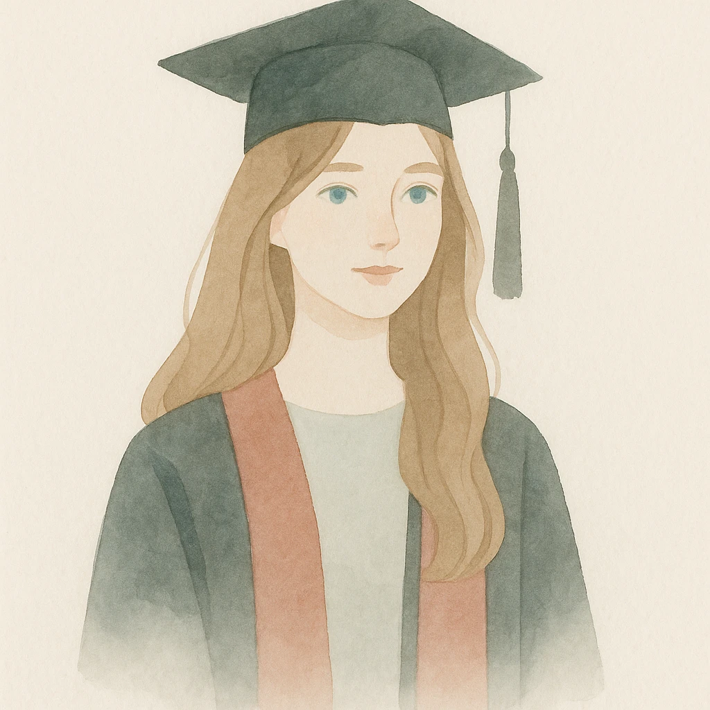 light brown haired girl with long hair, blue eyes, and pale skin wearing graduation regalia, soft watercolor style emoji