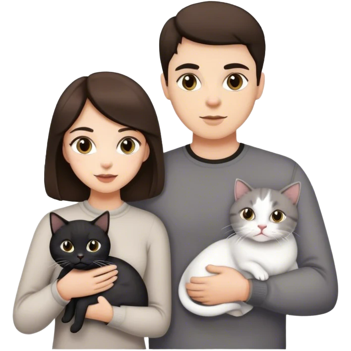 brunette girl brunette man holding a white and black cat and two gray cat emoji
