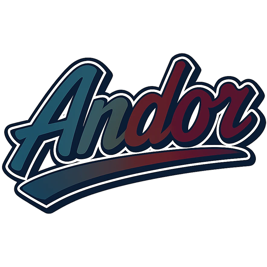 Andor name in modern, dynamic font with masculine gradient colors (blue, green, gray, dark burgundy, brown, dark blue shades), thin white outline, dark outer outline, underline, 1000x1000 px, PNG, transparent background, in the style of Péter sample image emoji