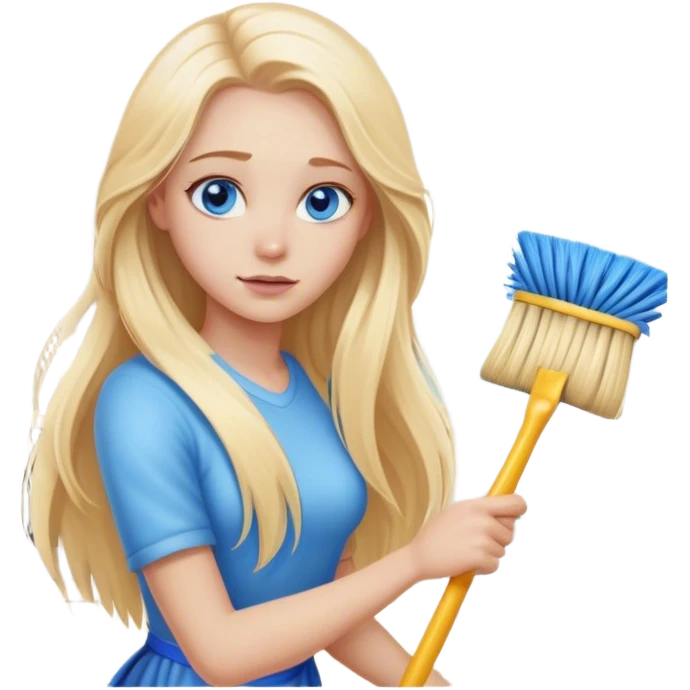 Cinematic realistic blonde with long hair, blue eyes cleans the room emoji