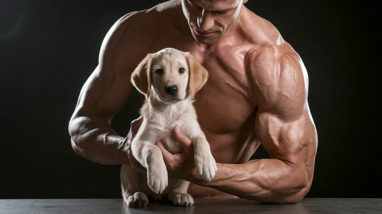 Photo of a musculated man holding puppy golden retriver, low key light emoji