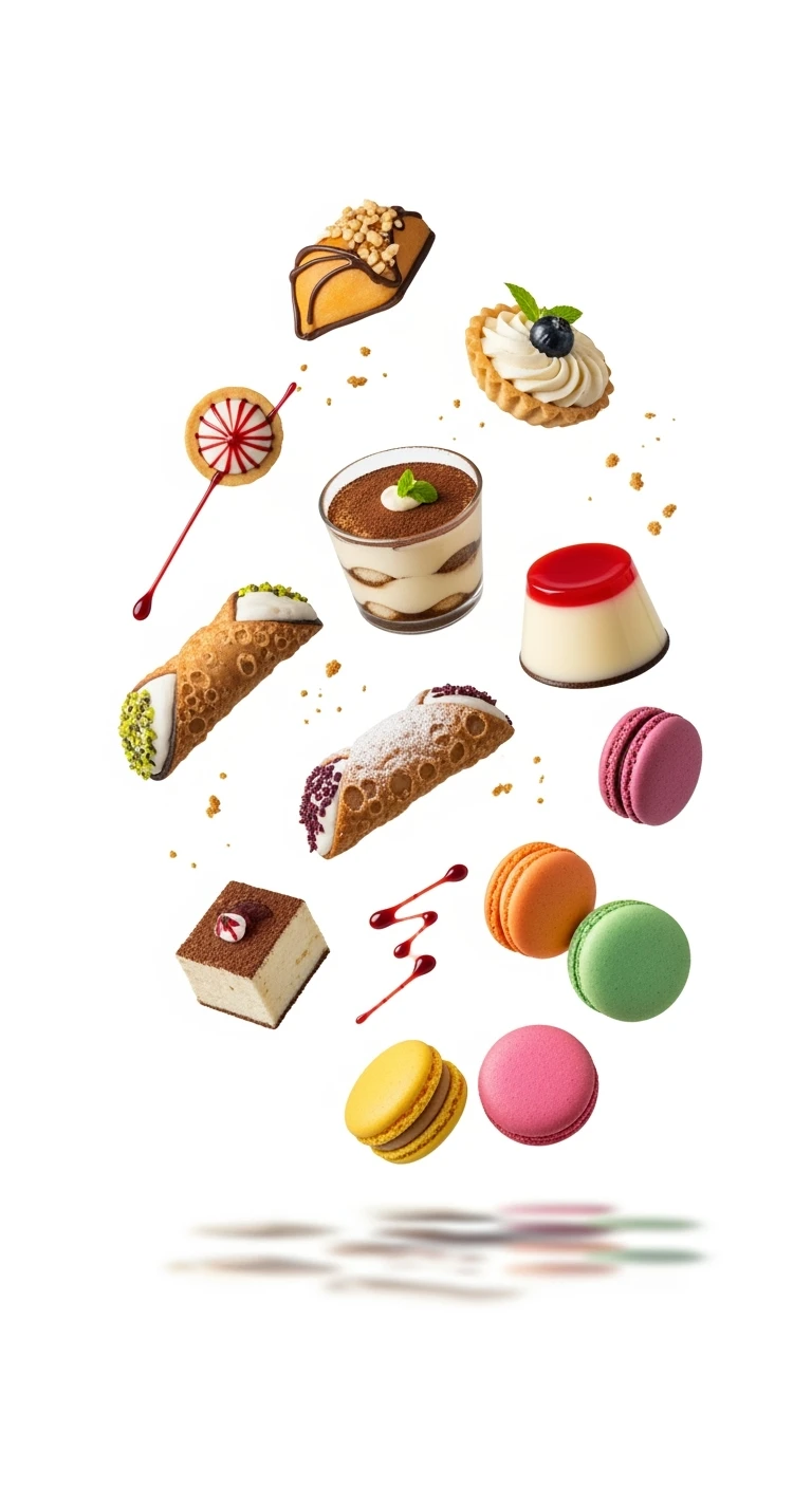 dolci che fluttuano, sfondo bianco emoji