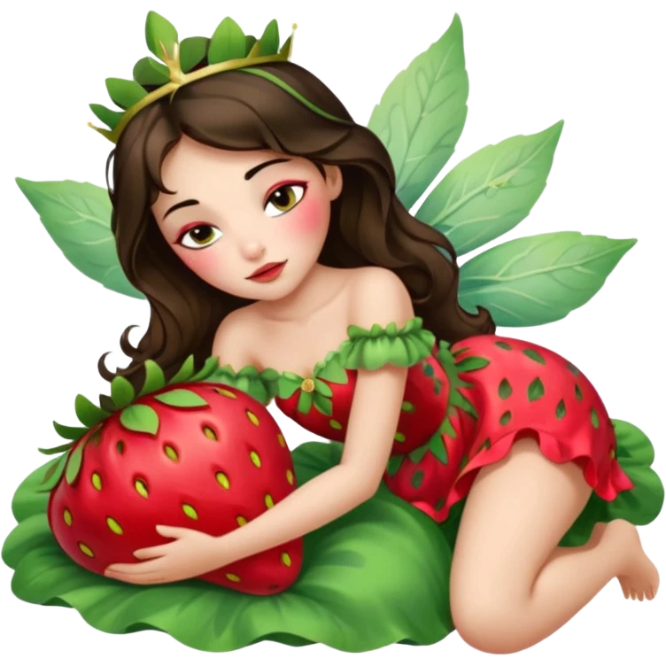 sleeping beauty brunette white girl with a silk pillow strawberry dress with her face painted fairy strawberry styles on top and her dress drawstring with a strawberry  emoji