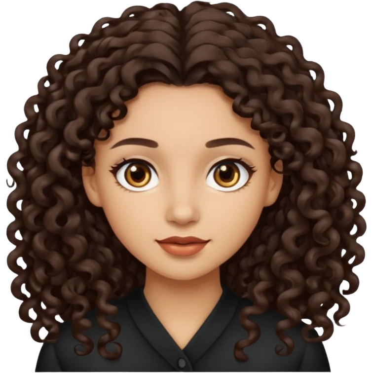 Woman with light skin and dark brown eyes and dark brown long curly hair emoji