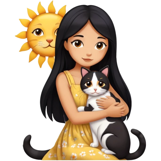 A beautiful girl with long black hair wearing a sun dress hugs a calico emoji