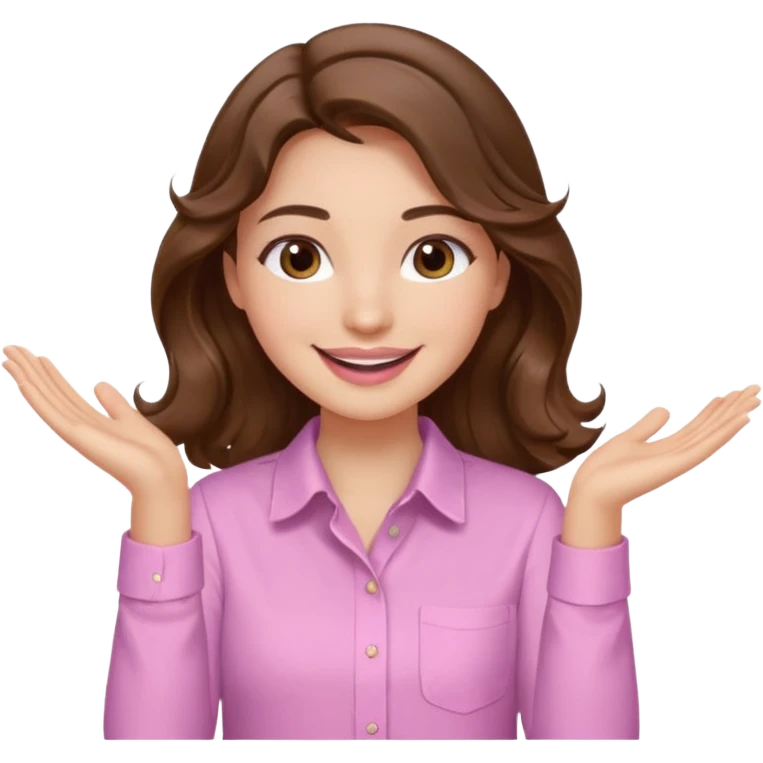 girl with wavy long brown hair, brown eyes, light to medium complexion, long lashes, light pink lipstick, wearing light pink shirt, clapping emoji