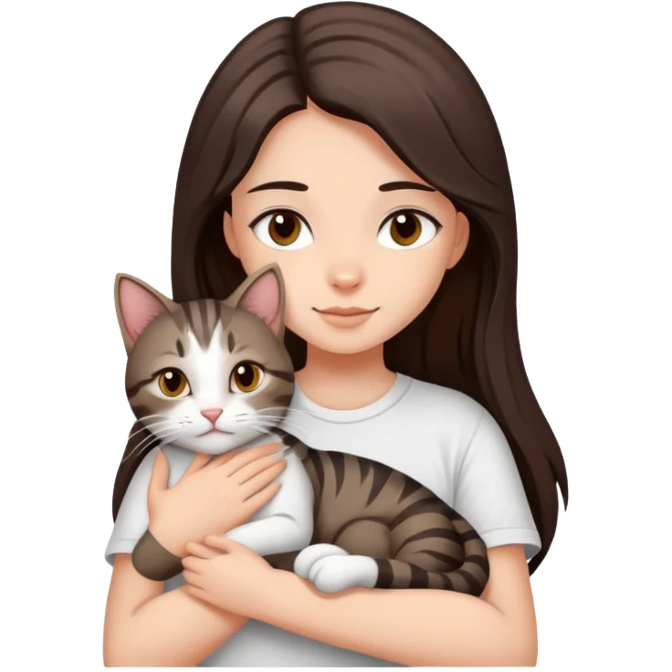 a girl with long dark brown hair, in a
white T-shirt and brown eyes, hugs a tabby
dark grey and white strips one cat emoji