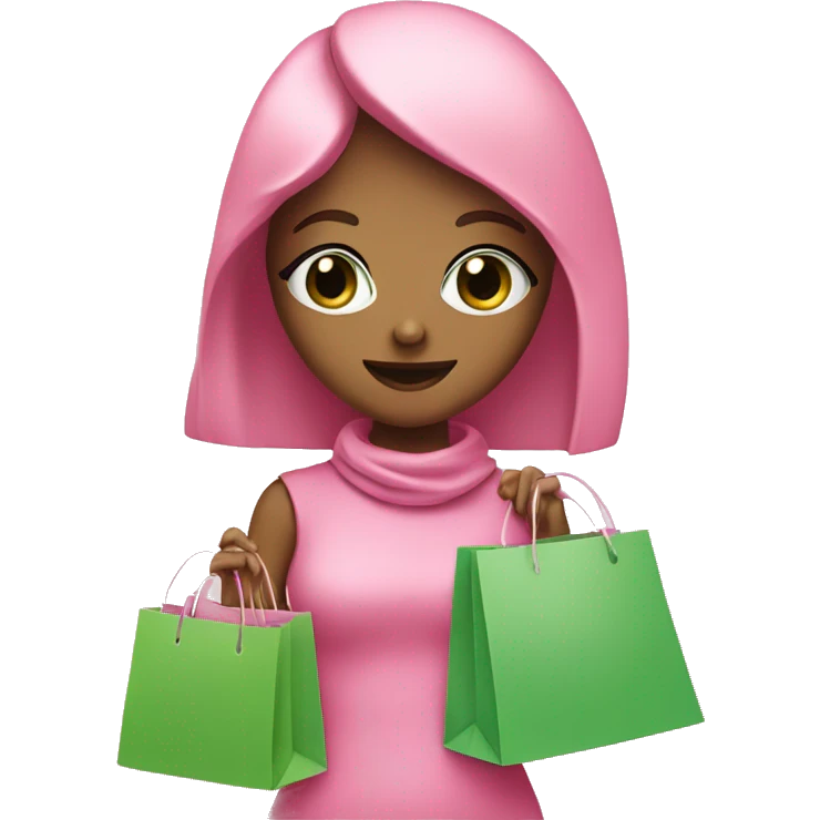 cute light brown with green eyes wearing pink surrounded by pink shopping bags emoji