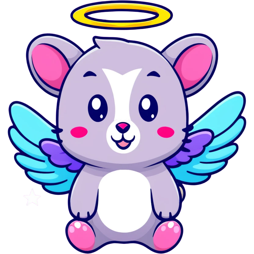 adorable possum with angel wings and halo, surrounded by stars and hearts, Lisa Frank colors emoji