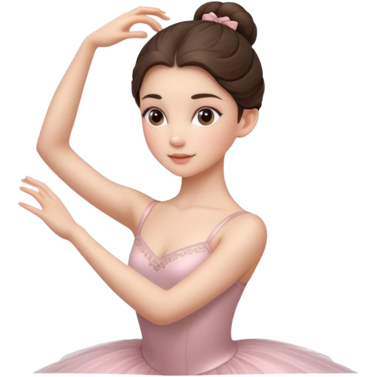 Cinematic Realistic ballerina Portrait, depicted with lifelike skin texture, subtle rosy undertones, and soft natural lighting that enhances the gentle contours of her face. Her intricately detailed sweet brunette hair is elegantly styled, emoji