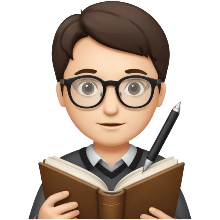 writer holding big pen in hand and book in other hand, wearing glasses emoji