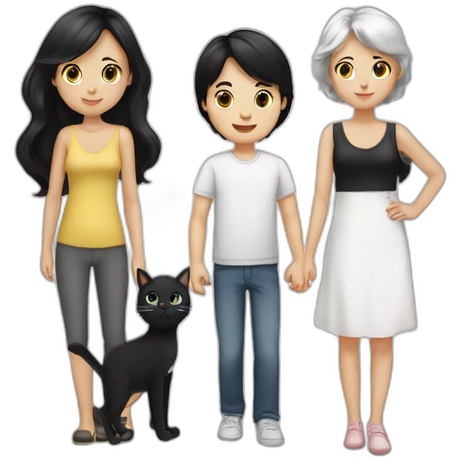 Family of three- mum black hair white skin- dad black hair white skin- baby girl- one white cat-one black cat  emoji