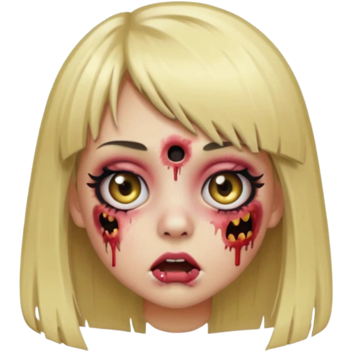 zombie girl emoji, blonde hair with bangs, long and straight, big eyelashes, eyeliner, blush, mouth piercing, ear piercing emoji