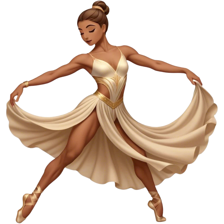 Cinematic Realistic Dance Poses, an elegant dancer mid-motion, muscles tensed with control, soft fabric of their attire flowing with movement, dramatic lighting highlighting the graceful lines, glowing with passion and poise. emoji