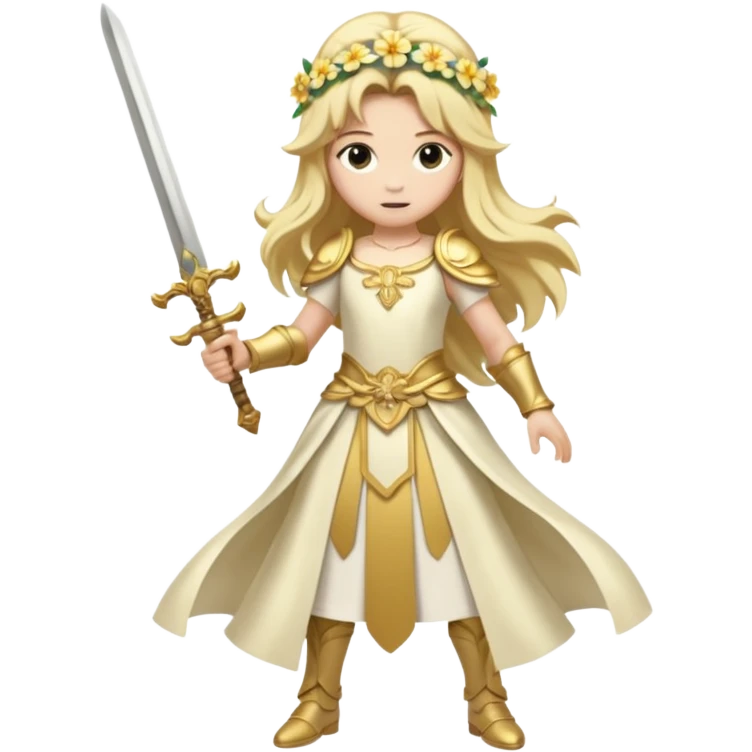 Lumine (from Genshin Impact) White and golden clothes, blonde, long-haired, with a big flower hair clip, and wielding a sword (full body) emoji