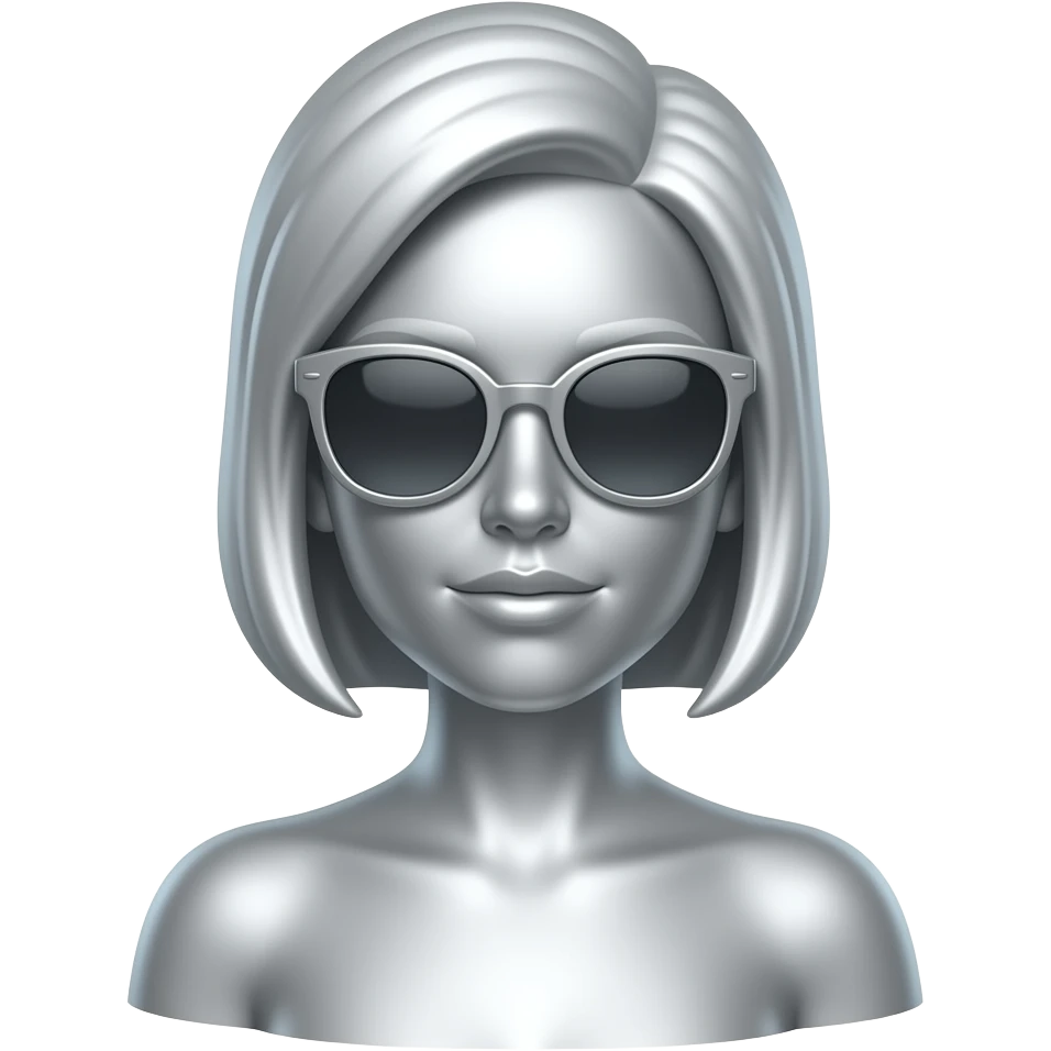 Create a seated female figure emoji in metallic silver. The woman is wearing sunglasses. The background is white. The final result must have maximum resolution, high contrast, and extreme sharpness. Illustration style: Vintage – Art Deco – 2D emoji