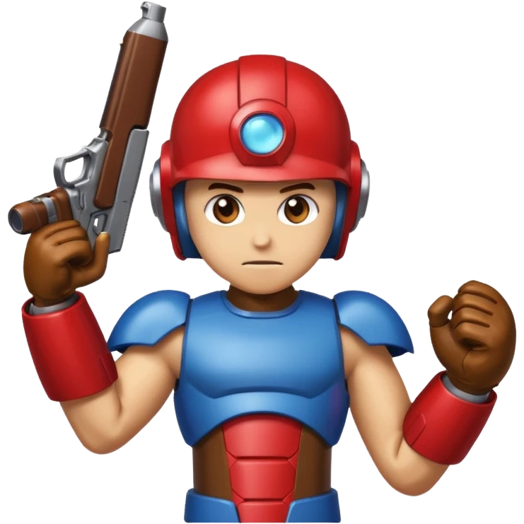 mega man but with the color rootbeer brown shiny like metal with arms for guns and a dark shiney red healmet emoji