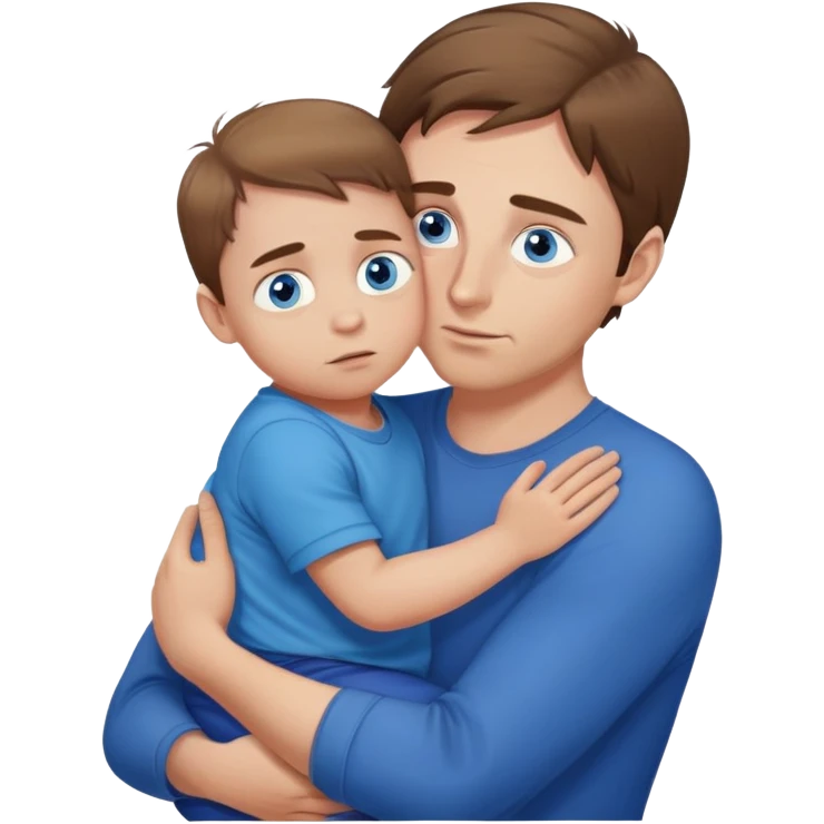 A white man brown hair, blue narrowed eyes with a small child with fair hair and blue eyes in his arms is peeping, the emphasis is on the eyes, white skin emoji