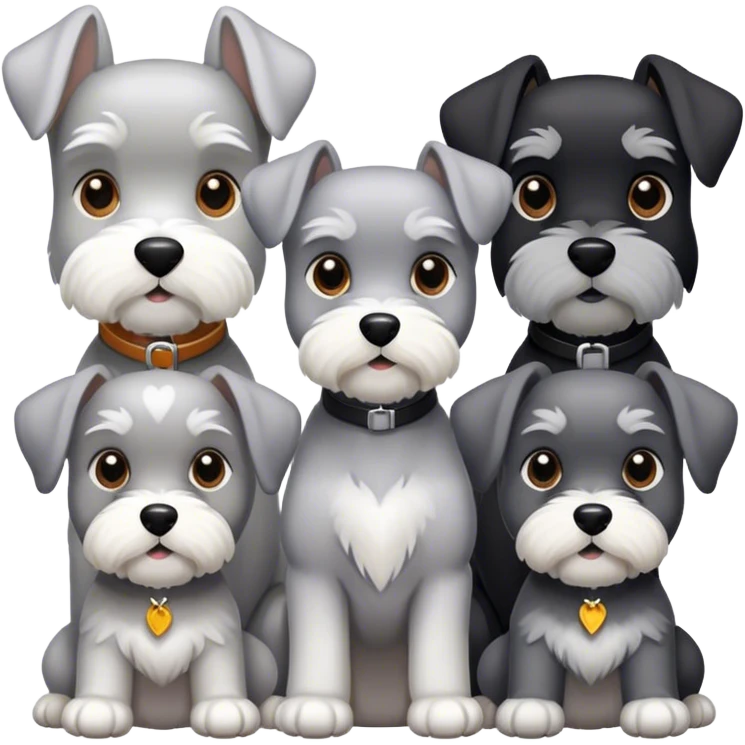 3 schnauzer, uno blanco grande, otra chiquita negra con un poquito de blanco y otro mediano de color gris y blanco  emoji