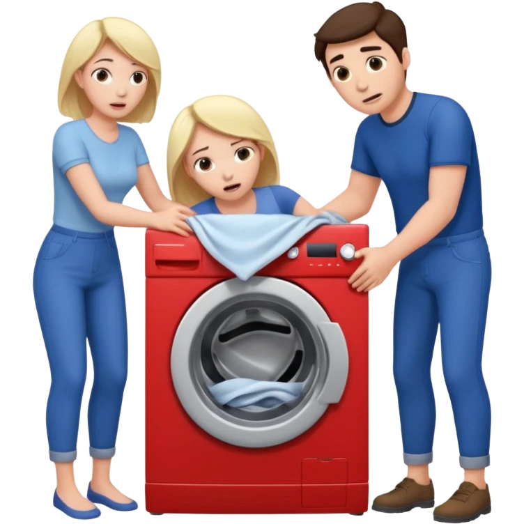 Eine Frau mit dem in der Waschmaschine feststeckt und zwei Männer die hinten an ihr ziehen um ihr zu helfen  emoji