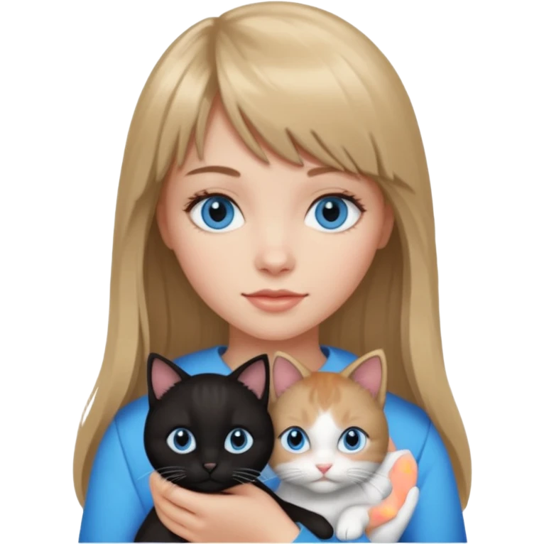 Apple-style emoji sticker of a young woman with long dark blond hair and bang, blue eyes , holding a black and white kitty emoji