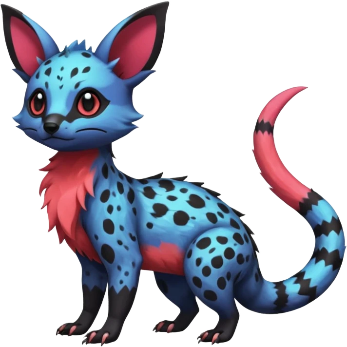 Rare exotic realistic cute epic aesthetic gothic colorful Salandit-Eevee-Civet-species-Fakemon-hybrid-creature, with markings, full body emoji