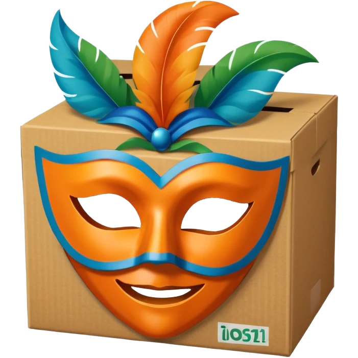 a box and a carnival mask in orange, blue and green on top of it , trying to make a carnival pack emoji