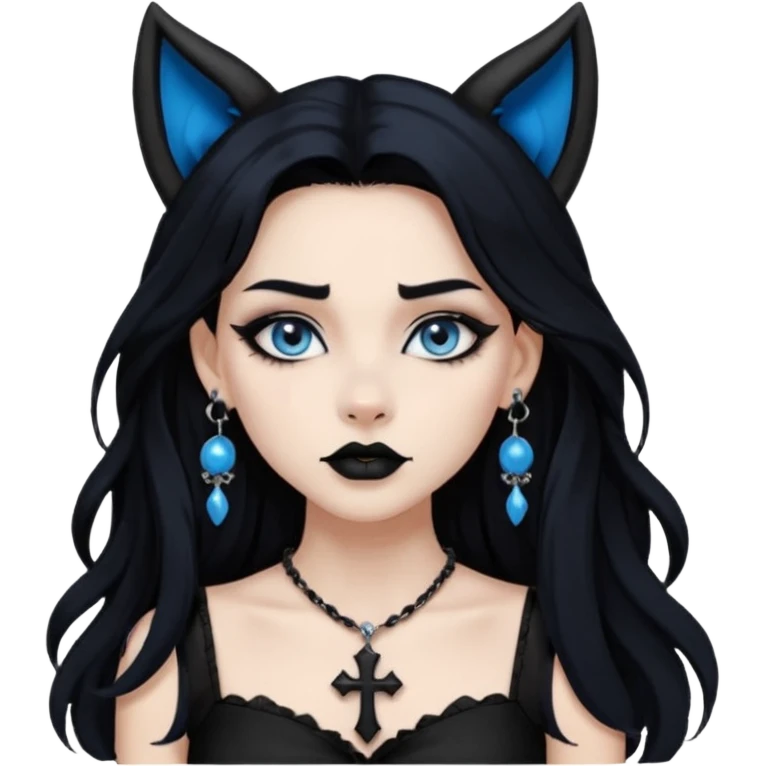 A girl with long black hair and blue eyes, black eyeshadow, black eye liner, mascara, and black lipstick, and black skull earrings. Also a black sexy dress and wolf ears  and a black pendent necklace and a black cross below her right eye emoji