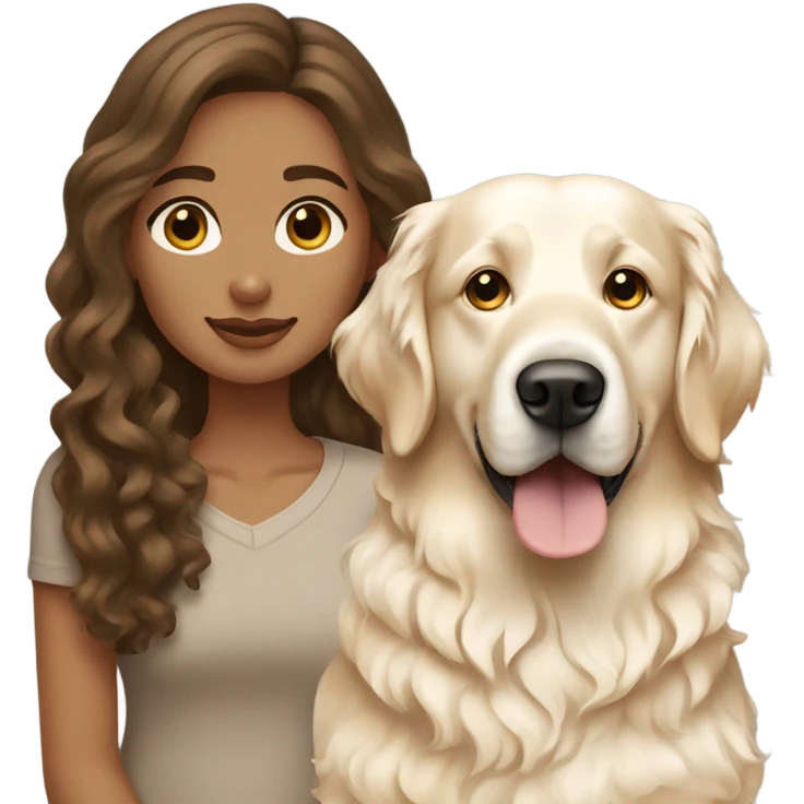 Wavey brown haired woman and her English cream golden retriever curly haired dog emoji