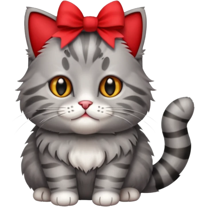 Fluffy grey kitty lying with a red bow emoji